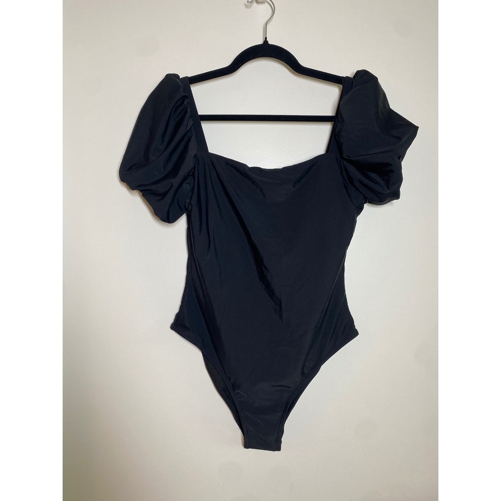 SHEIN One Piece Swimsuit Women L Black NWT Puff Sleeve Square Neck Bodysuit